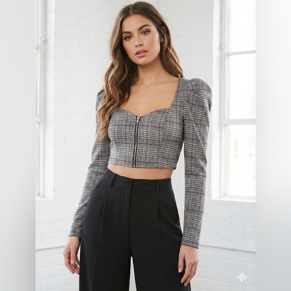 192. NWT! Forever 21 Brown Plaid Cropped Full Zip Jacket/Top Long Puffed Sleeves